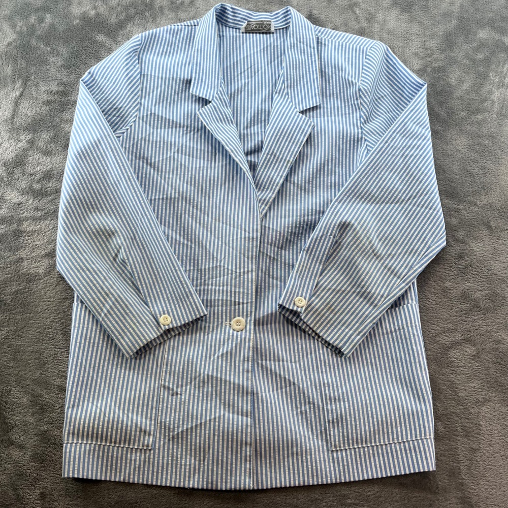 Vintage Sears Tradition Seersucker Blazer Blue White Striped Jacket Womens L